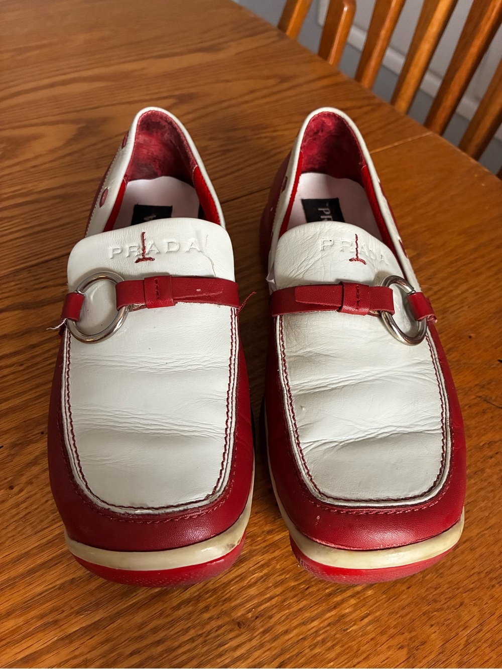 PRADA Women’s White and Red Leather Loafers w/Silver Ring Clasp